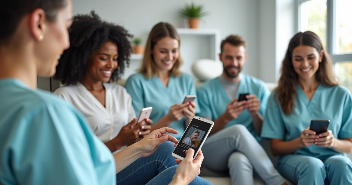 Pessoas sorrindo olhando smartphone e interagindo com perfil de dentista no Instagram 