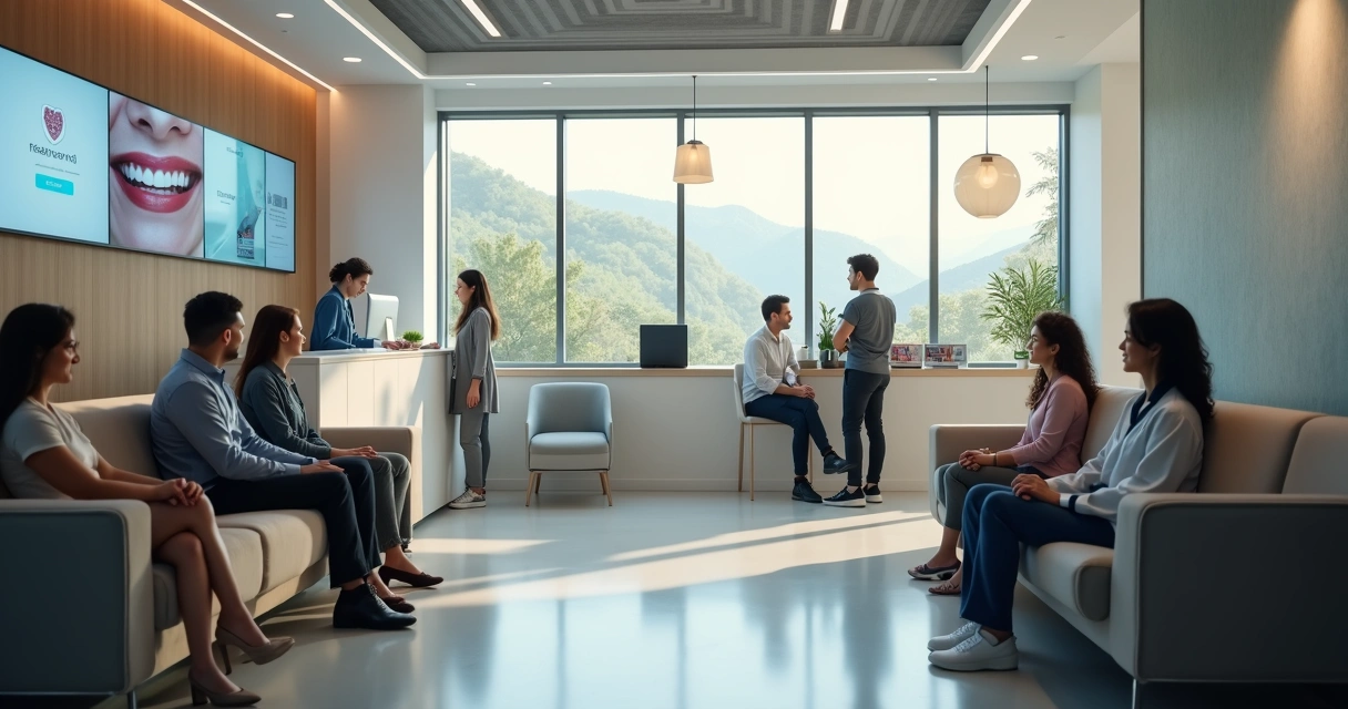 Pacientes aguardando na recepção de clínica odontológica, ambiente agradável 