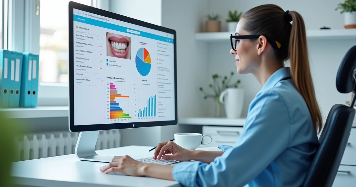 Dentista analisa prontuário digital em clínica moderna 