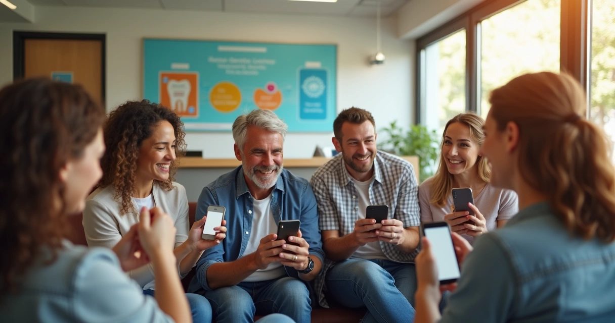 Grupo de pessoas em ambiente clínico com smartphones indicando amigos 