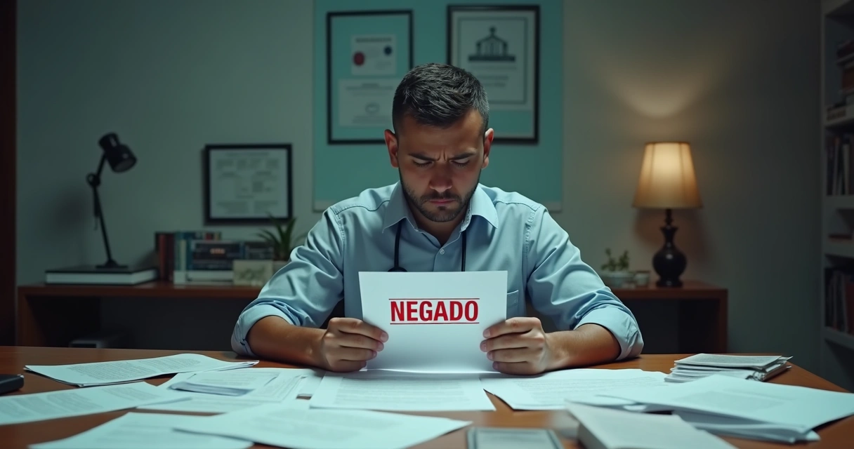 Pessoa com expressão preocupada analisando documentos judiciais sobre medicamento negado. 