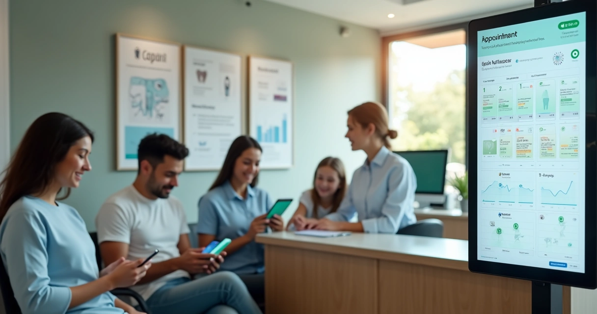 Recepção de clínica odontológica com pacientes e tela exibindo agendamentos digitais 