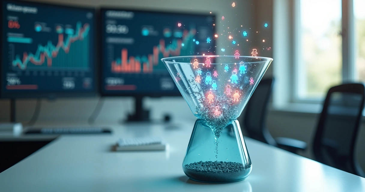 Funil digital com pacientes online escapando pelas laterais 