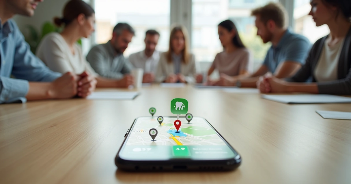 Grupo de pessoas olhando rota de clínica odontológica em tela de smartphone com mapa aberto 