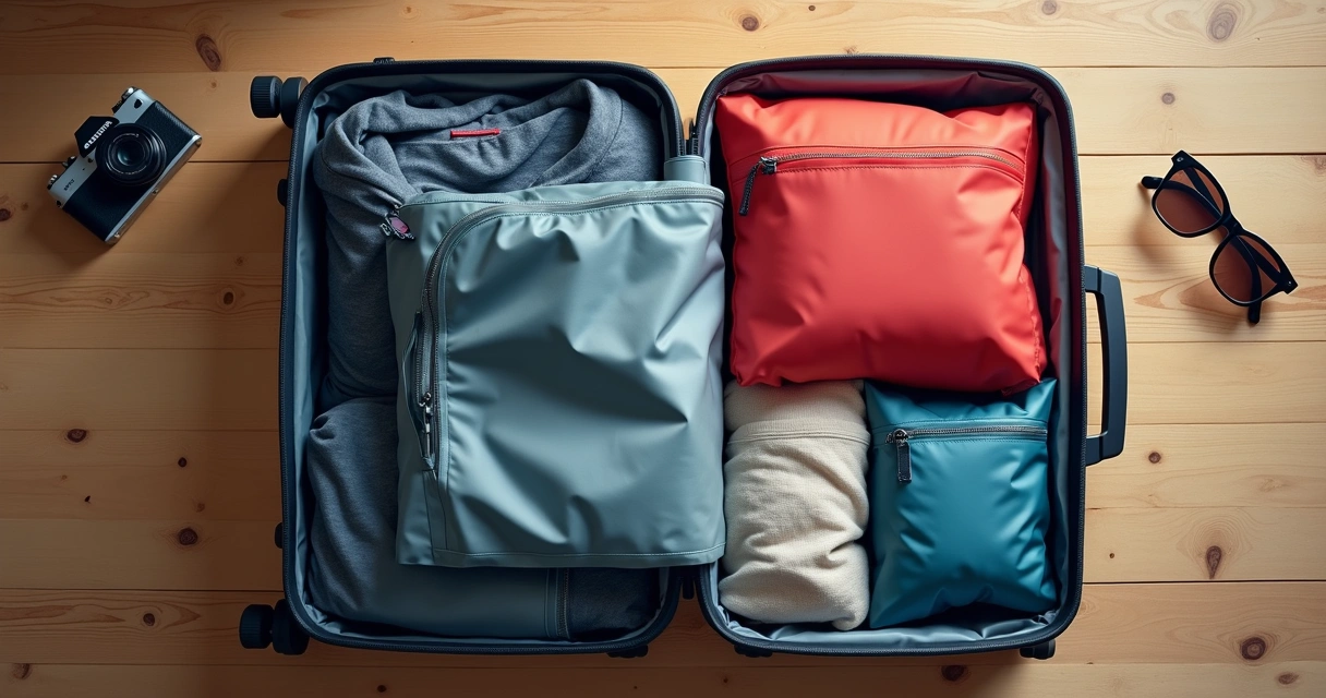 Packing cubes organized in open suitcase 