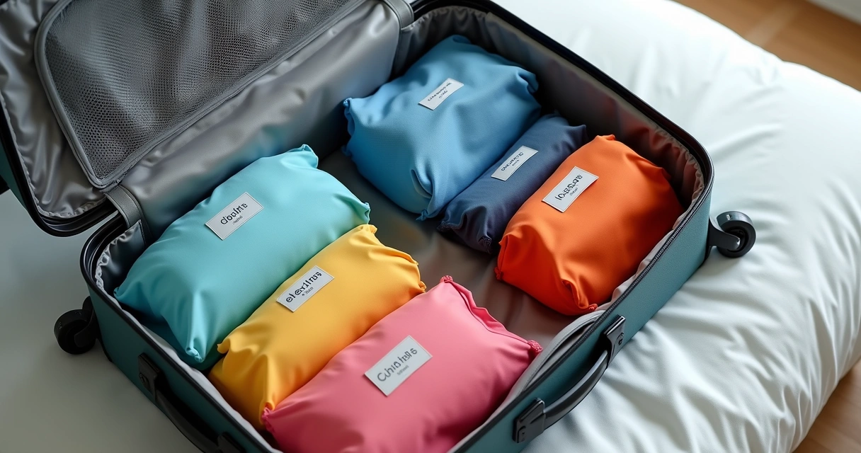 Packing cubes arranged inside an open suitcase 