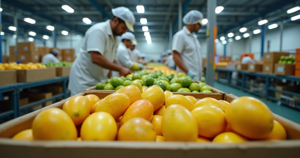 Linha de embalagem de frutas com caixas e etiquetas