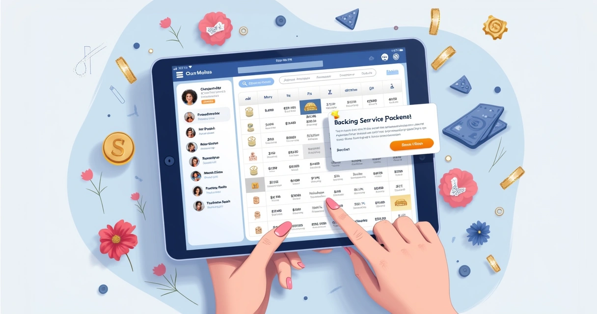 Visão superior de um tablet mostrando agenda de salão com diversos horários preenchidos e pacotes de serviços vendidos 