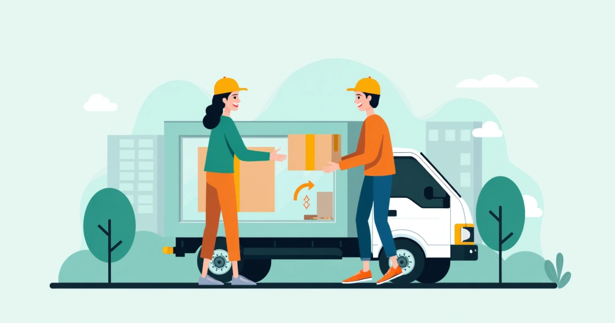 Caminhão saindo de loja com pacote sendo entregue 