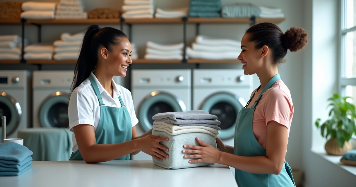Cliente recebendo roupas organizadas no balcão de uma lavanderia