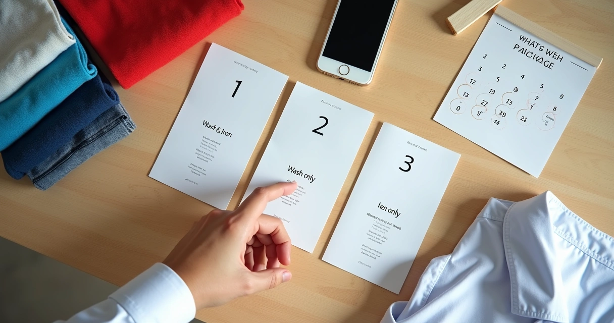 Mão escolhendo opções de pacotes de lavanderia com roupas dobradas e camisas sociais ao fundo 