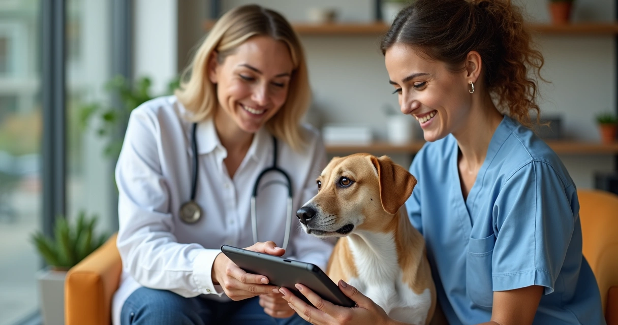 Atendente oferecendo plano mensal em tablet a tutor de cachorro 