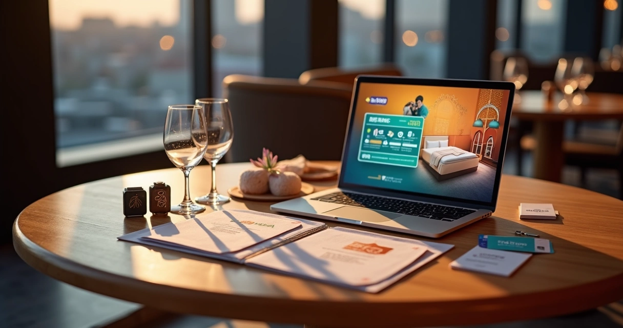 Mesa de hotel com folder de pacote promocional e experiências ao redor 