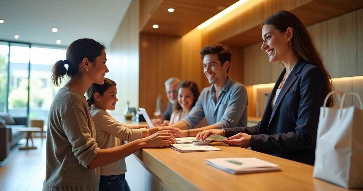 Balcão de hotel com check-in e hóspedes recebendo brindes 