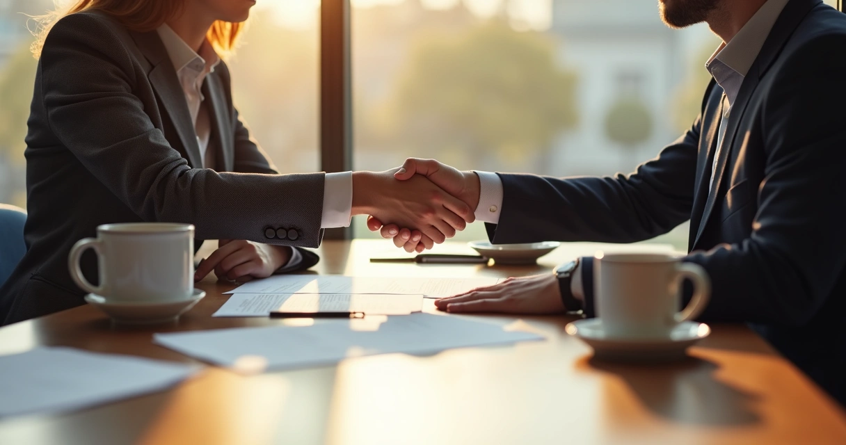 Mesa com documentos de pacote de serviço, dois empresários em negociação 