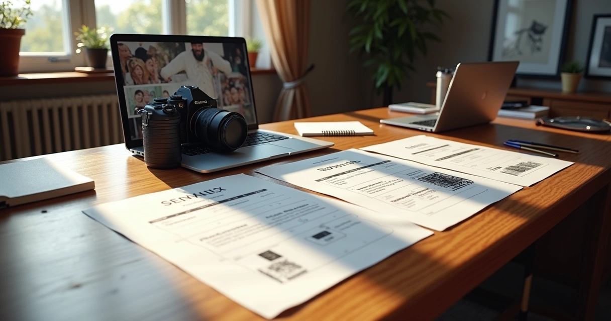 Mesa com tabela de pacotes de fotografia, câmera profissional e notebook ao lado 