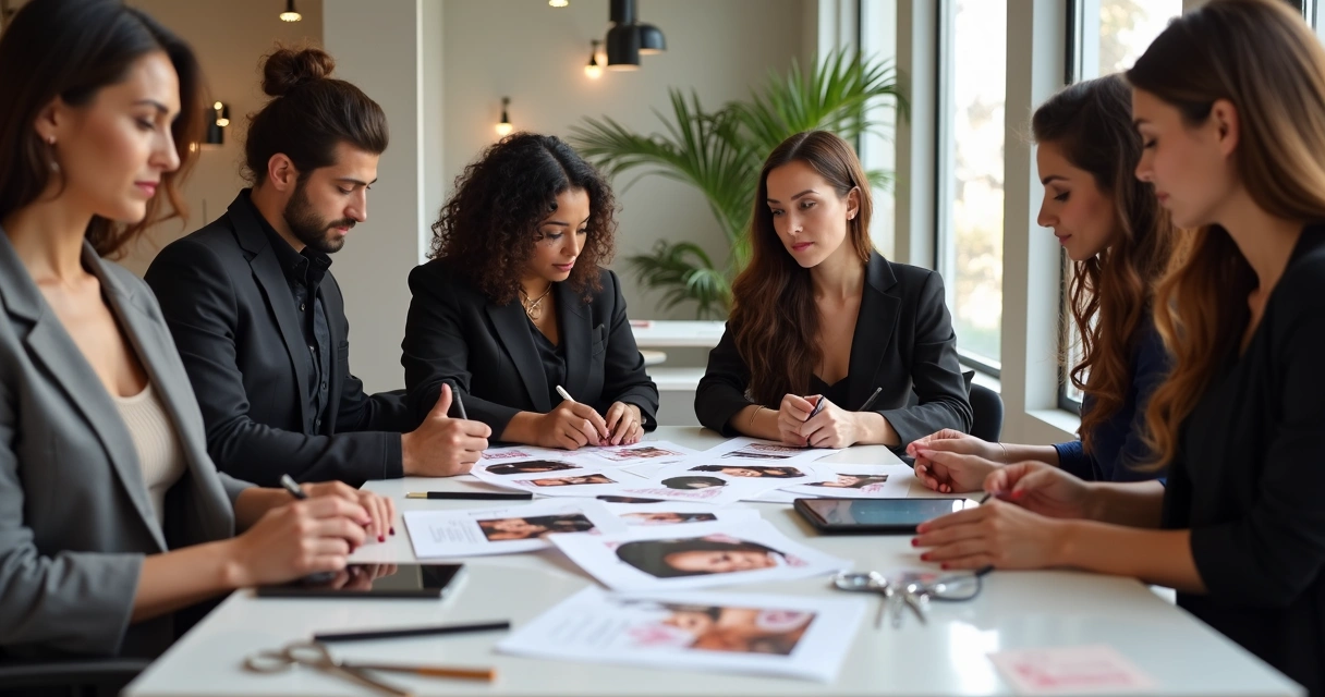 Conjunto de profissionais de salão reunidos em torno de uma mesa com materiais promocionais 