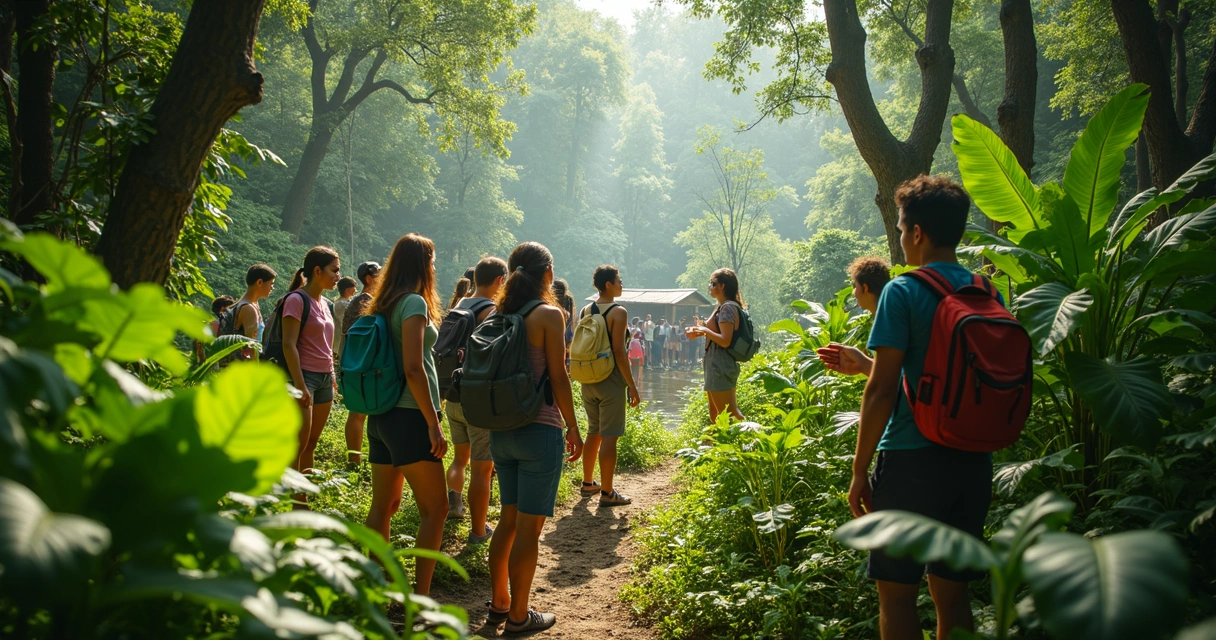 Grupo de turistas participando de passeio ecológico em floresta, com guia local explicando preservação ambiental 