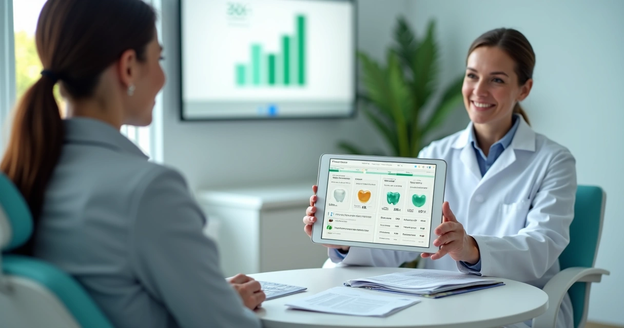 Dentista apresentando pacotes odontológicos em tablet para paciente em consultório moderno 