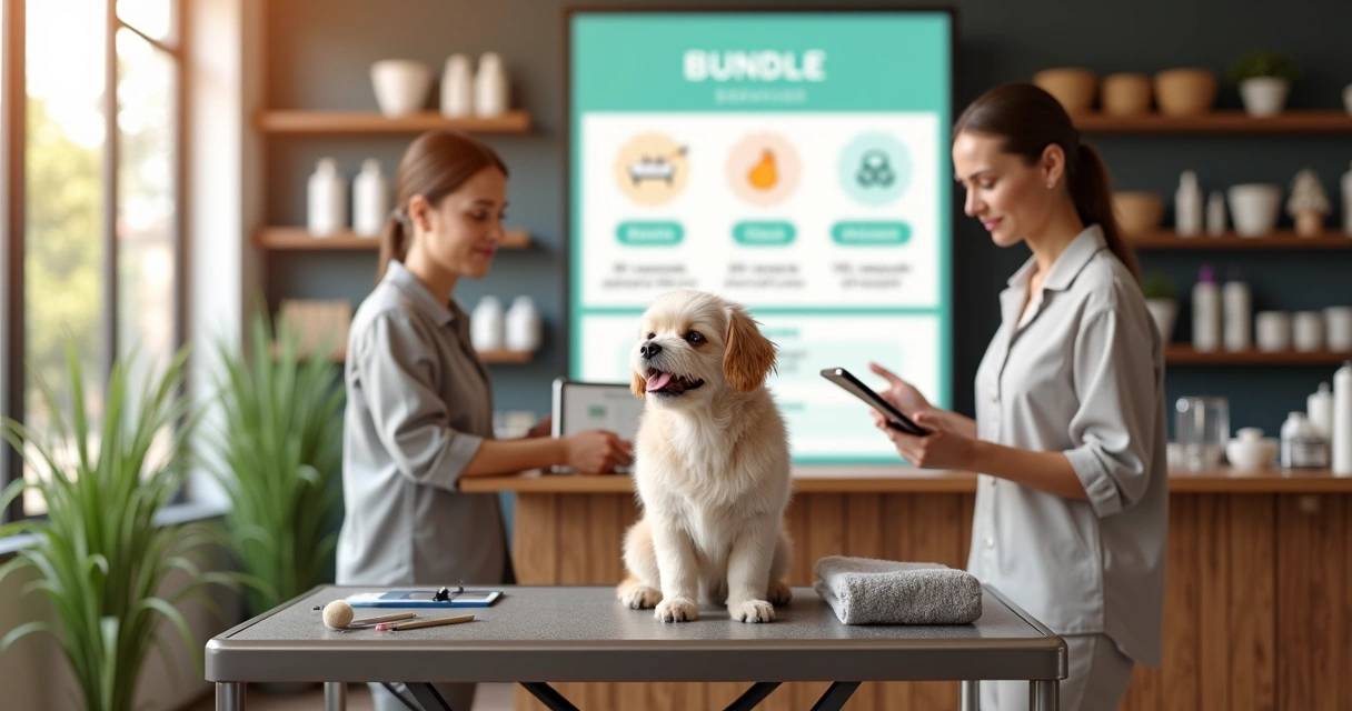 Recepcionista de petshop mostrando pacotes de serviços de banho e tosa em tablet ao lado de cachorro em mesa de tosa 