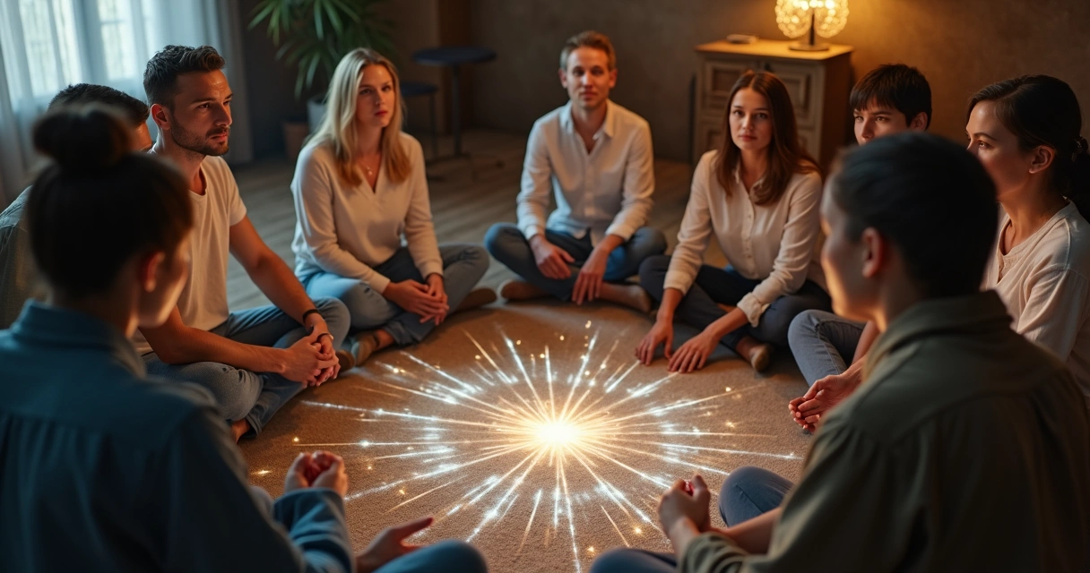 Grupo em círculo conectado por fios luminosos invisíveis 