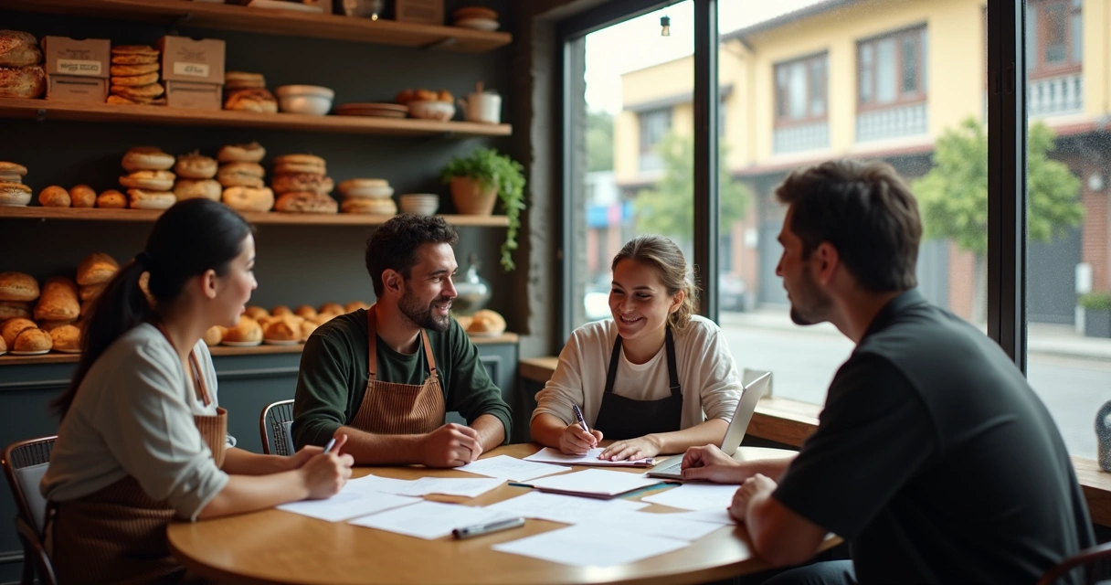 Funcionários de padaria conversam sobre pontos de melhoria em mesa de trabalho 