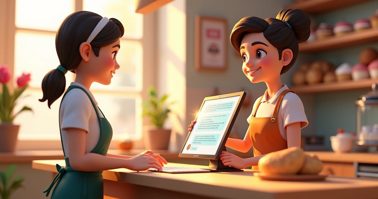 Balcão de padaria com atendente e tela digital mostrando chat de robô 