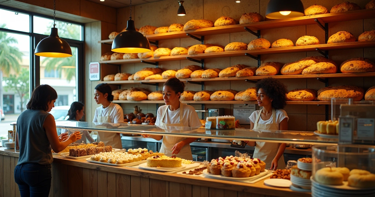 Padaria brasileira com balcão de pães e doces variados 