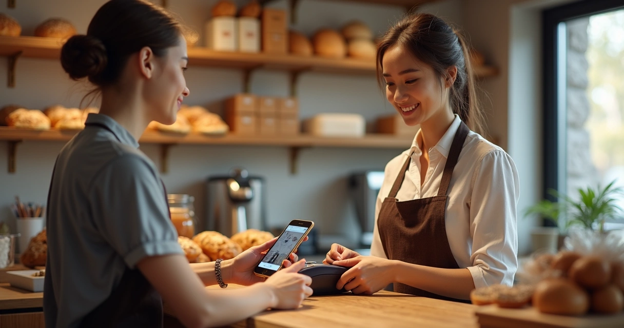 Cliente usando Pix e cartão no balcão da padaria.
