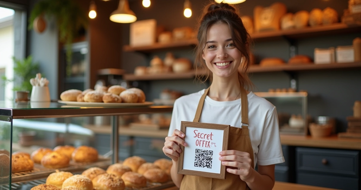Padaria com funcionário mostrando QR Code exclusivo no balcão
