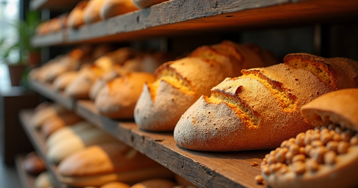 Pães e alimentos da cesta básica em prateleira de padaria em Minas Gerais 
