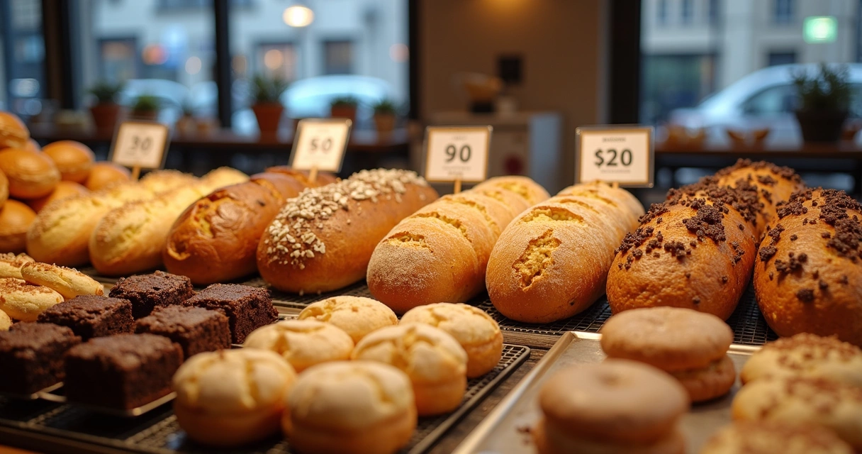 Vitrine de padaria com pães e doces proteicos 
