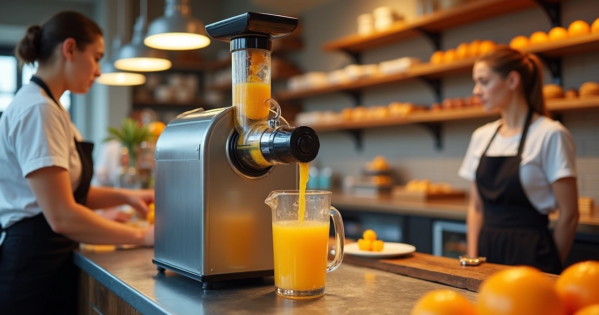 Espremedor comercial extraindo suco em padaria movimentada 