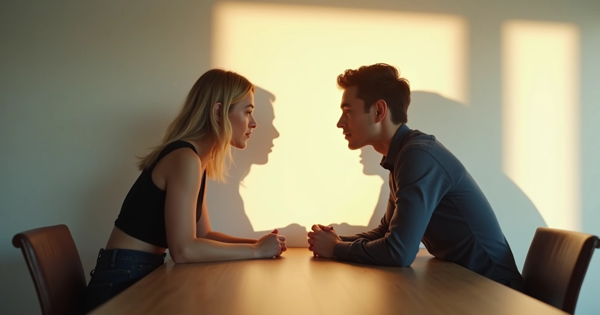 Duas pessoas sentadas em lados opostos de uma mesa, olhando para direções diferentes, com sombras ao fundo repetindo gestos semelhantes. 