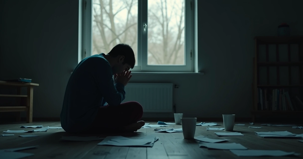 Pessoa sozinha em uma sala escura repetindo gestos, como um ciclo 