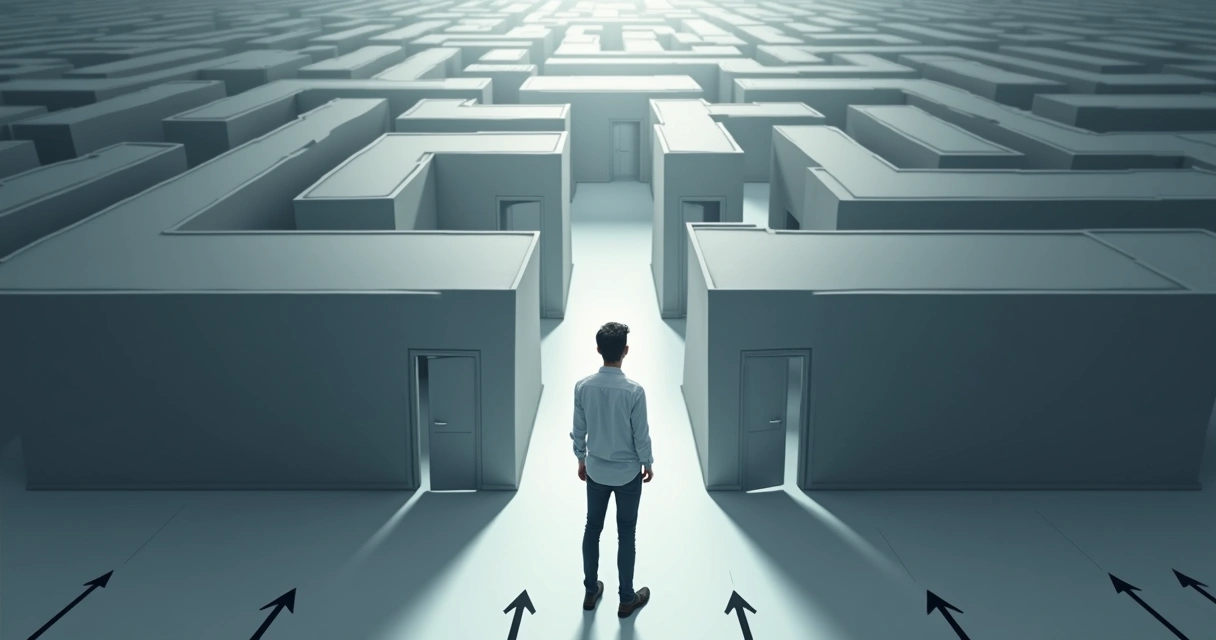 Homem parado na frente de labirinto com várias portas