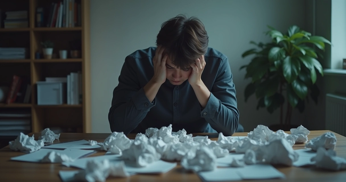 Pessoa sentada à mesa com várias folhas amassadas, olhando para baixo, expressão pensativa 