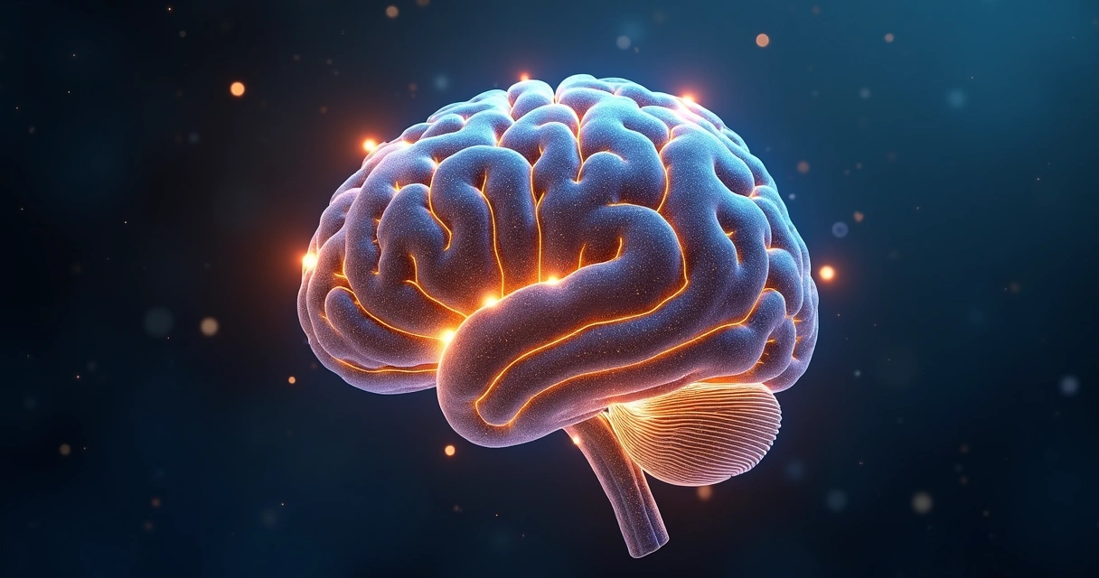 Representação gráfica de padrões cerebrais em um ciclo repetitivo, cores azul e dourado, luzes conectando áreas do cérebro. 