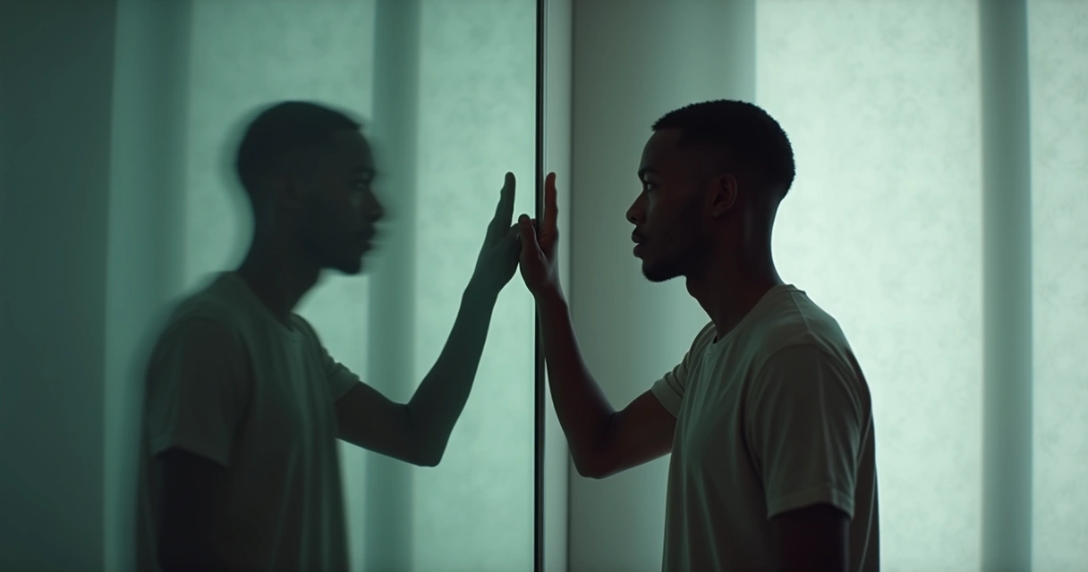 Pessoa se olhando no espelho com expressão de reflexão profunda