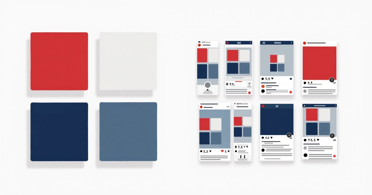 Paleta de cores de campanha sindical com tons vermelho, azul e branco, acompanhada de exemplos de aplicação digital