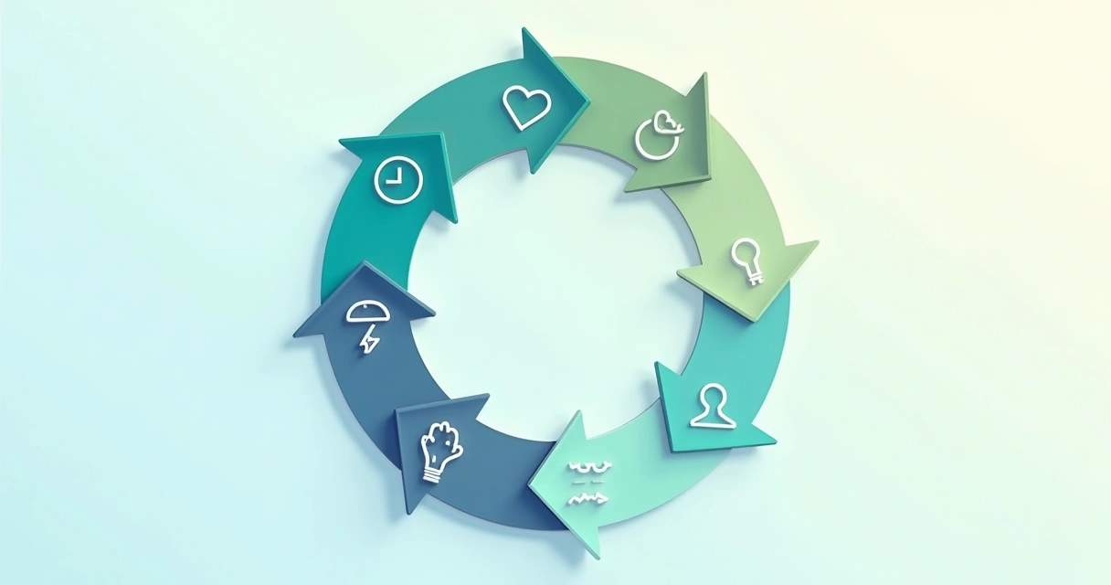Círculo de flechas formando um ciclo em fundo claro com linhas representando fluxo emocional 