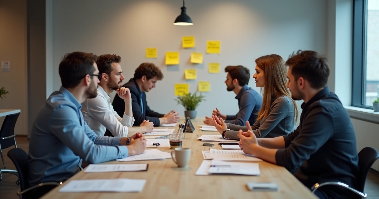 Equipe de trabalho em momentos de tensão e empatia, mostrando diferentes padrões emocionais 