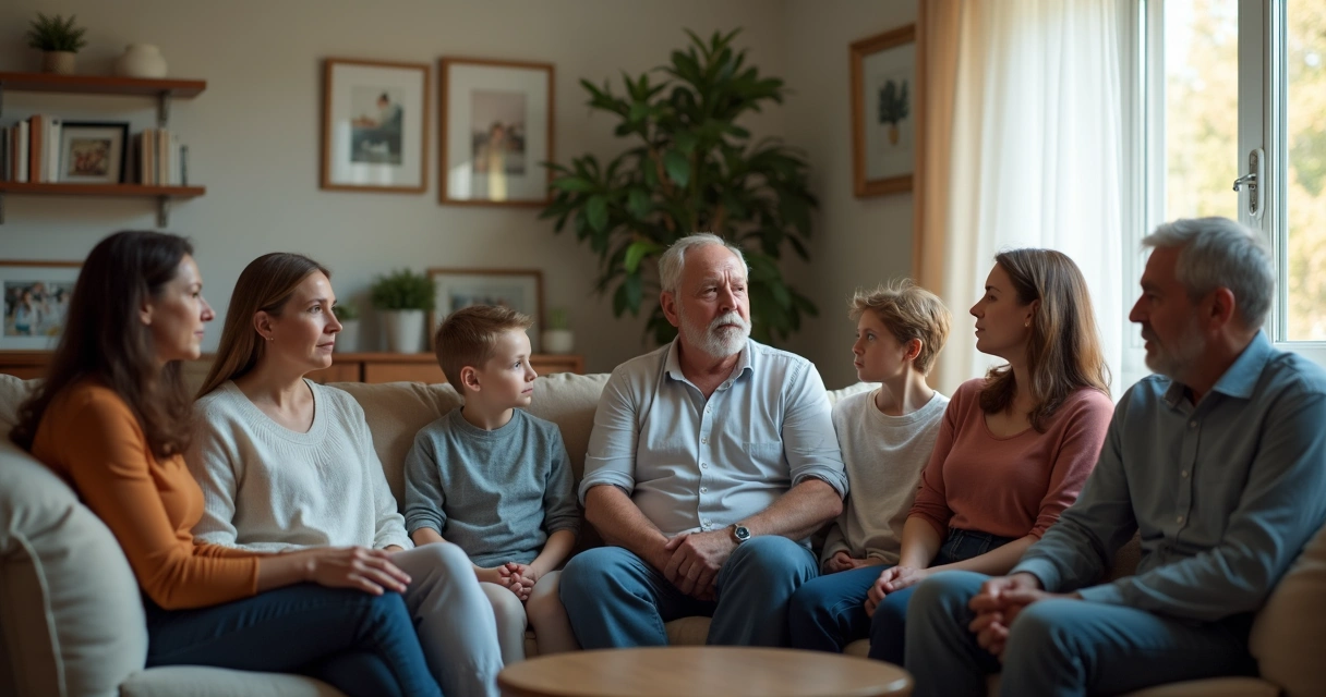 Grupo de familiares sentados em círculo conversando seriamente na sala, com expressões variadas de preocupação e reflexão. 