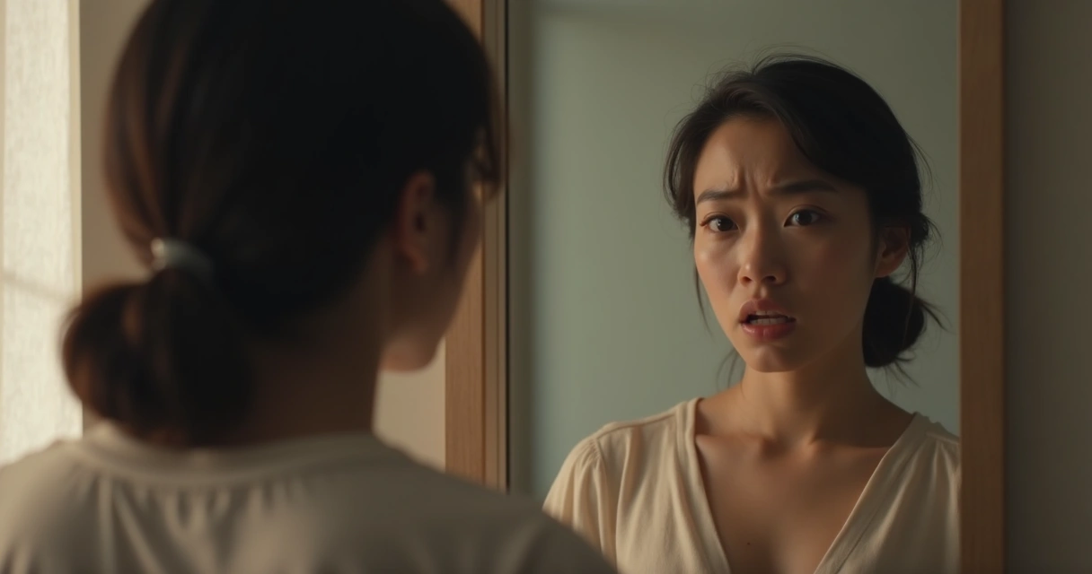 Pessoa olhando para o espelho, refletindo uma expressão facial diferente da original. 