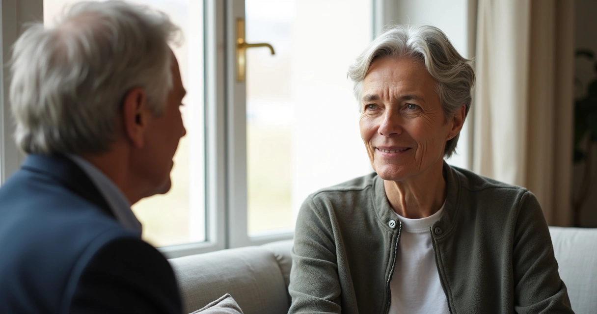 Duas pessoas conversando pessoalmente em uma sala, uma parece ouvir atentamente a outra, ambas demonstrando respeito, ambiente acolhedor, tons neutros claros, foco no rosto das pessoas. 