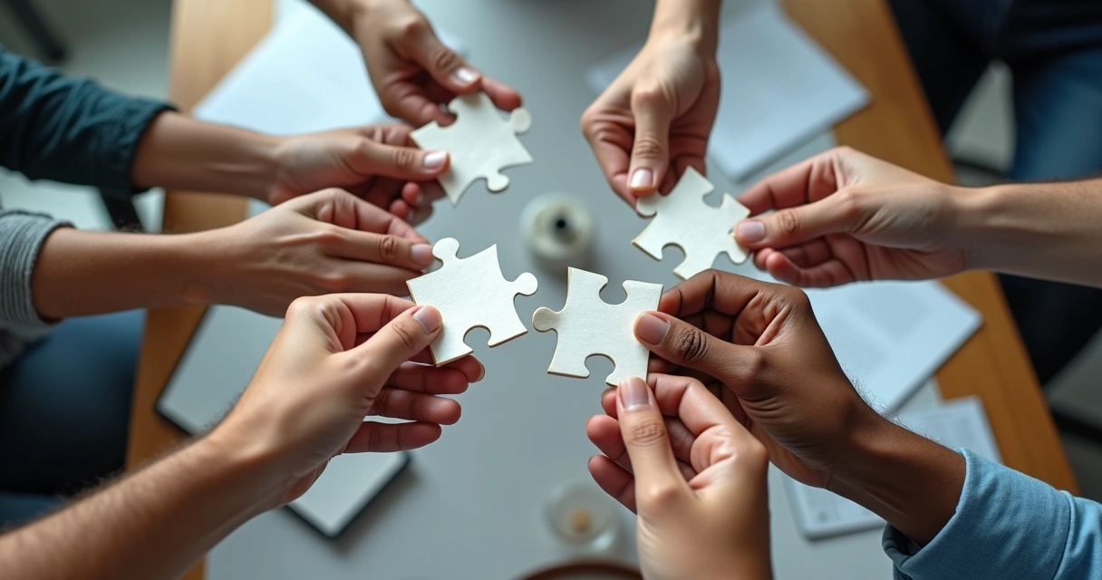Mãos de pessoas diferentes segurando peças de quebra-cabeça em uma mesa de reunião.