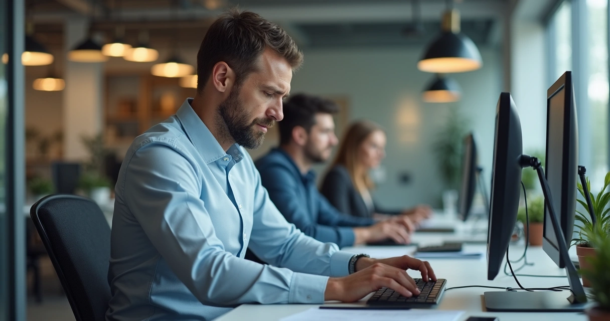 Homem sentado em frente ao computador no escritório, olhando para baixo com expressão de dúvida e insegurança. 