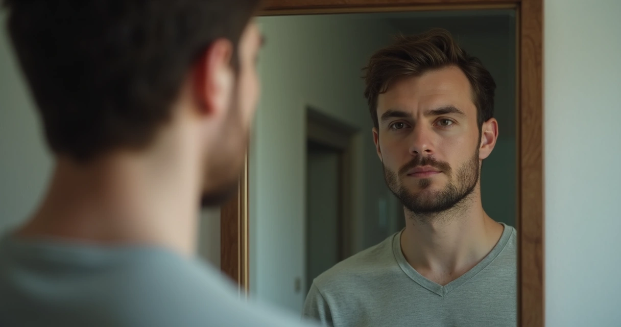 Homem olhando fixamente para o próprio reflexo em um espelho 