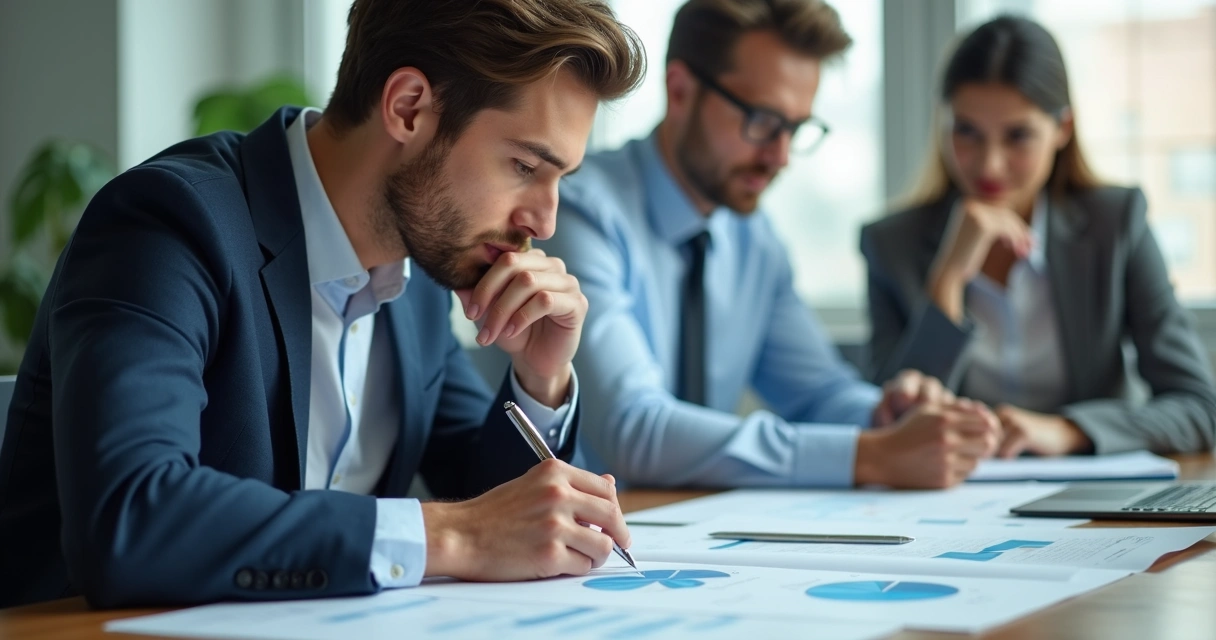 Profissional sentado em uma mesa de escritório olhando para gráficos, com expressão pensativa 