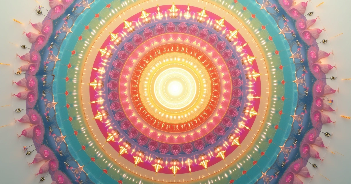 Mandala colorida representando ciclos da vida e padrões kármicos 